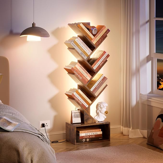 Hoctieon 6 Tier Tree Bookshelf, Tall Bookcase, Freestanding Book Shelf with LED Lights, Display Floor Standing Storage Shelf, Book Organizer Shelves for Home Office, Living Room, Rustic Brown