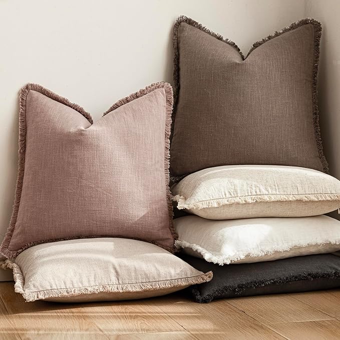Foindtower Set of 2 Decorative Linen Fringe Throw Pillow Covers Boho Farmhouse Cushion Cover with Tassels Soft Accent Pillowcase for Couch Sofa Bed Living Room Home Decor,18×18 Inch,Dusty Pink