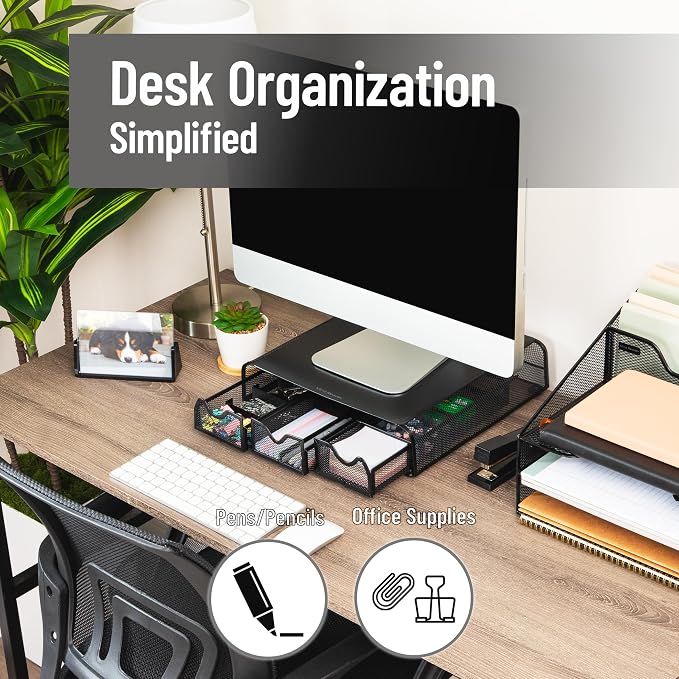 Mind Reader Monitor Stand, Ventilated Laptop Riser, Desktop Organizer, Storage, Metal Mesh, 13.25"L x 12.5"W x 3"H, Black
