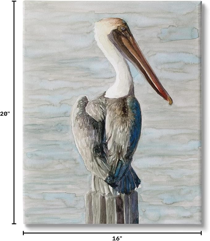 Long Beak Pelican Coastal, 16 x 20 Inch Canvas Wall Art | Stupell Industries · By Stellar Design Studio · Ready to hang · Coastal bird decor for living room or office · Made in USA