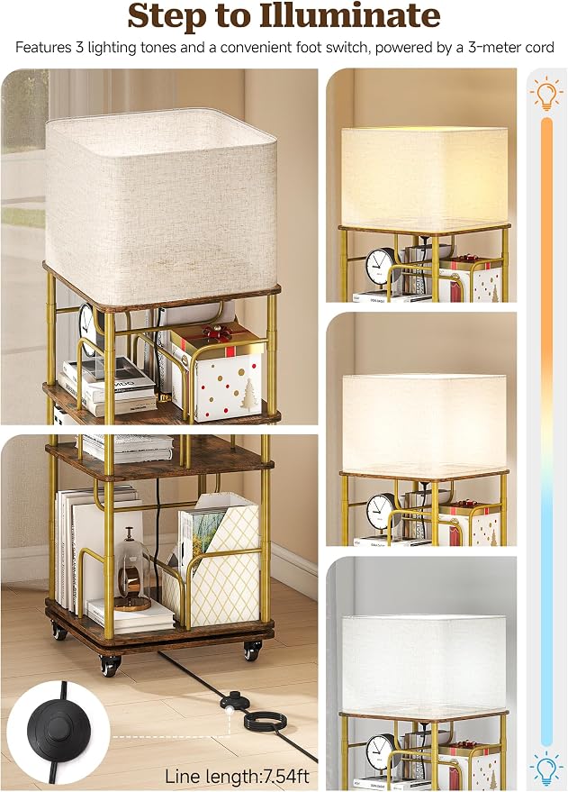 4 Tier Rotating Bookshelf Tower, 360° Spinning Book Shelf with Lights&Wheels,Square Revolving Bookcase Organizer,Narrow Swivel Bookshelves Turning Corner Bookshelf for Small Space,Gold