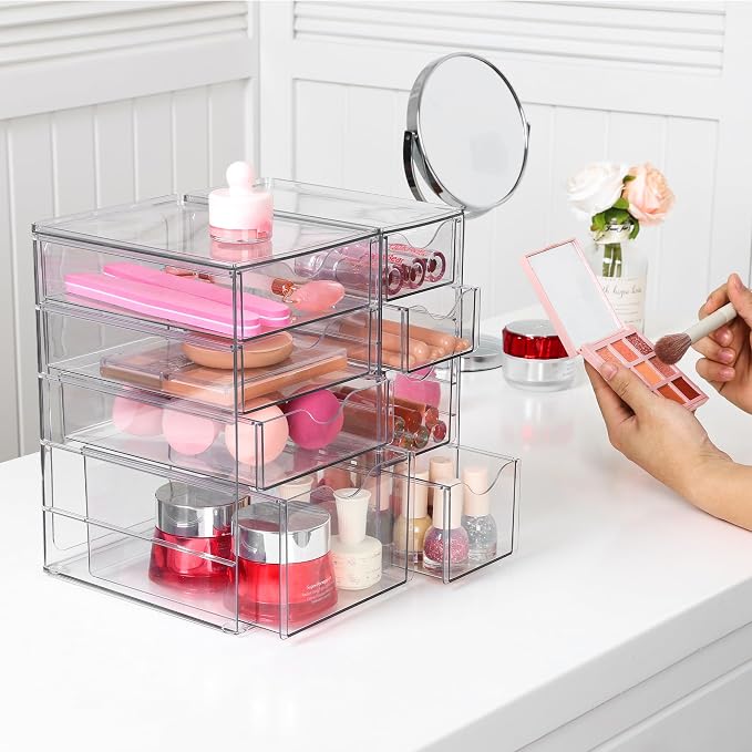 Vtopmart Acrylic Desk Organizer with 8 Drawers for Office, Makeup, Crafts | Clear Storage Drawers for Office Supplies, Desktop Organization for Makeup, Jewelry, Art Crafts, Bead, Pen, Stationary