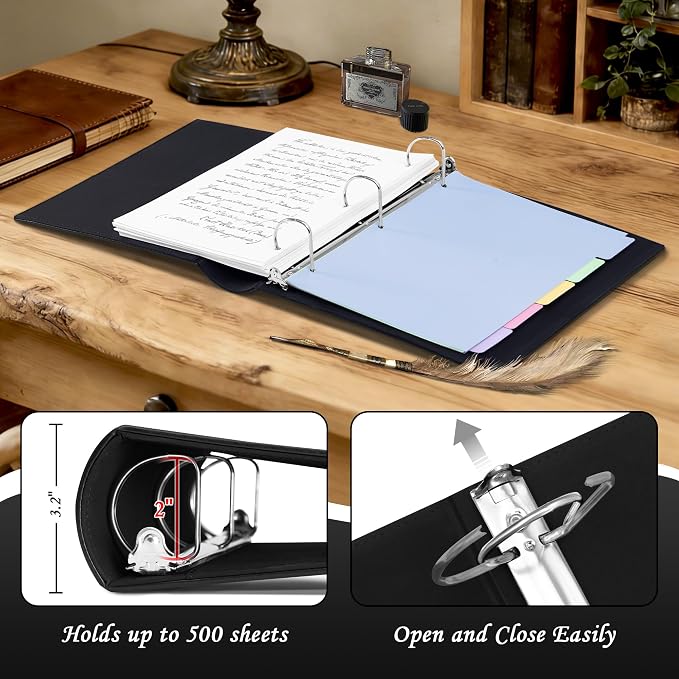 Ospelelf Vintage Leather 3 Ring Binder 2 Inch, D Ring Binder with Pockets and 5 Tab Dividers, Hardback Book Style Document Organizer Fits Letter Size for Home and Office Black