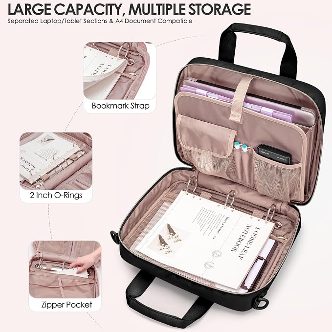 3 Ring Zipper Binder, 2 Inch Ring Binder Organizer Bag with Strap | Binder Bag Fits 13" Laptop & 500 Sheets, Detachable Shoulder Strap, Large Capacity Zip Up Portfolio Folder Bag for Office