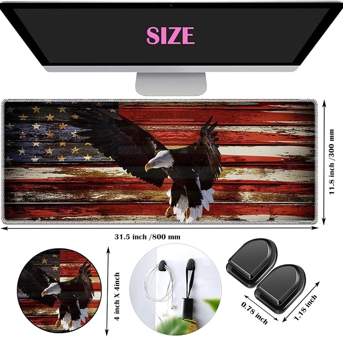 Desk mat Personality Pattern Large Protective Mat, Smooth Surface Soft Mousepad, Waterproof Non-Slip Desk Mat, 31.5x11.8 in Sewn Edge Office/Home Desk Mat, American Flag Art Bald Eagle