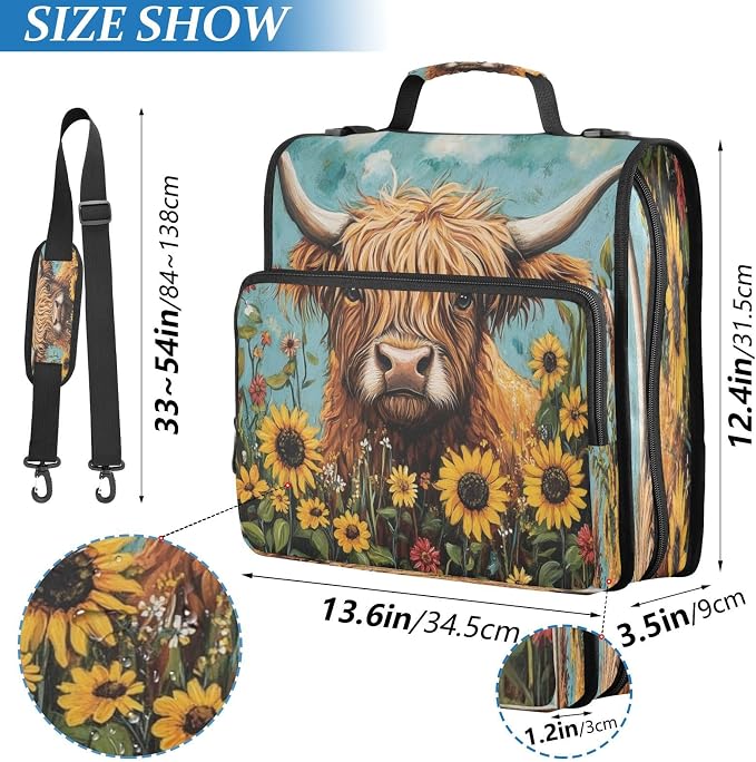 ATTX Sunflowers Highland Cow Zipper Binder with Adjustable Padded Strap - 3 Ring 500 Sheet Capacity Binder Bag with Multi-Pocket Organizer, Fits 12 Inch Laptop