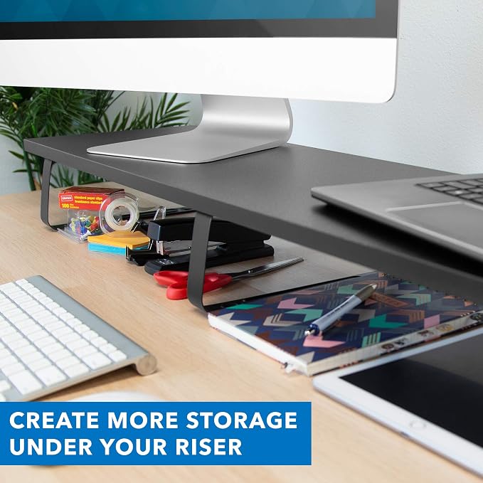 Mount-It! 39" Extra Long Dual Monitor Stand Riser – Ergonomic Desk Organizer for 2 Monitors, Laptop, TV, or Printer – Heavy-Duty Steel & Wood Desktop Shelf with Storage – Supports 44 Lbs – Black