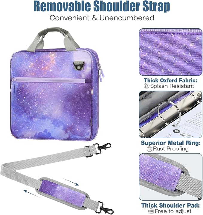 MoKo Zipper Binder, 2 inch 3 Ring Binder with 500 Sheet Capacity Multi-Pocket School Bag with Padded Shoulder Strap Handle, School Supplies Organizer for Middle Student, Star Purple | Water-repellent 900D Oxford fabric with 5 file folders, 3 mesh pocke...