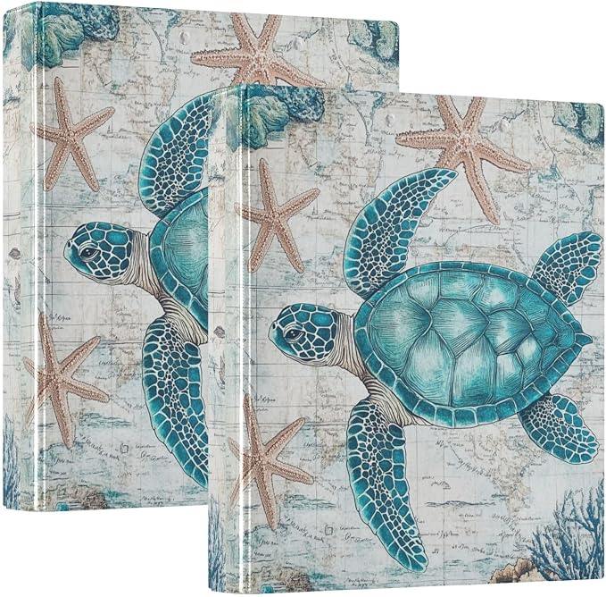 Vintage Sea Turtle Binder 1.5 Inch Binder with Clipboard&Pockets, Nautical Starfish Turtle Hardcover Binders 3 Ring Heavy Duty File Folder for Office School Supplies-Holds 200 Sheets, 2 Pack