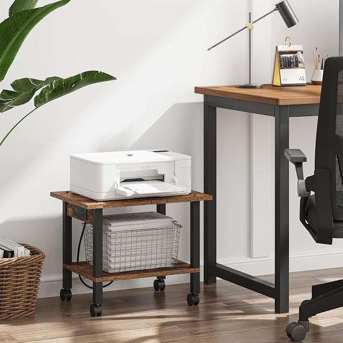 TUTOTAK Printer Stand, 2 Tier Rolling Printer Cart with Charging Station | Small Under Desk Printer Table with Wheels for Small Space, Office, Home, Brown PS01BB001P
