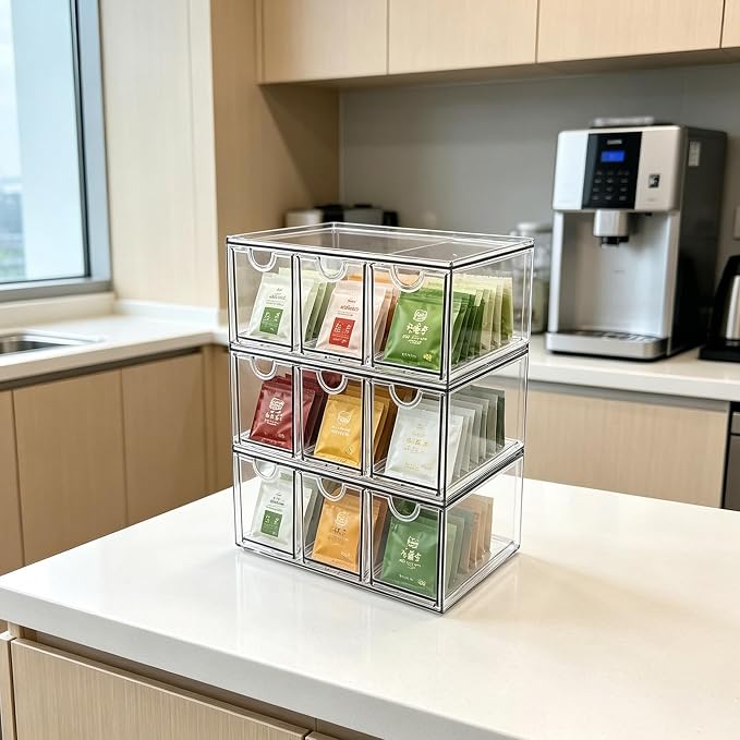 Prsildan Craft Art Supply Organizer Stackable Storage Drawer with 9 Drawers | Clear Acrylic, Tea Bag K Cup Organizer, for Kitchen Office Desk Vanity Makeup Organizer, 3 Pack