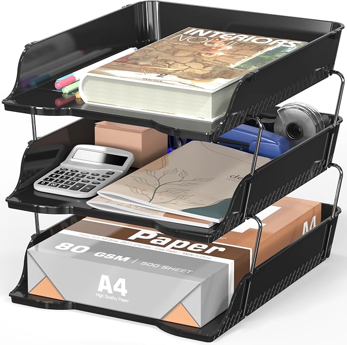 Simple Houseware 3-Tier Stackable Paper Tray for Desk Organizer, Black | Desktop File Holder for A4/Letter Size Documents, File Sorter, Paper Holder, Office File & Accessories Storage