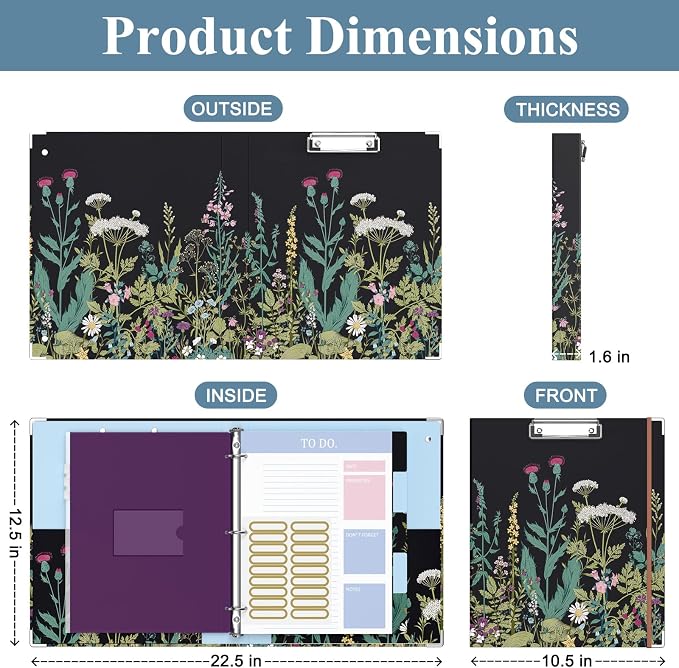 3 Ring Binder, 1 Inches Round Ring Binder with Clipboard, Dividers Tabs, PVC Zipper Bag Sleeves & to Do List Planners for Women, Men, School, Office Supplies, Wild Flower