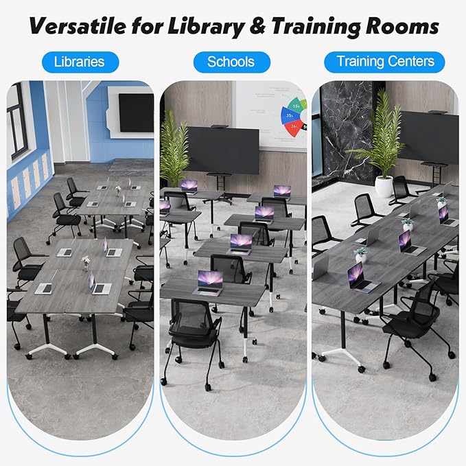 Goakwwuz Conference Room Table, Folding Conference Tables,Thicken Grey Tabletop,Flip Top Wooden Seminar Meeting Room Table for Conference Room Offices (4, Grey, 55.1”)