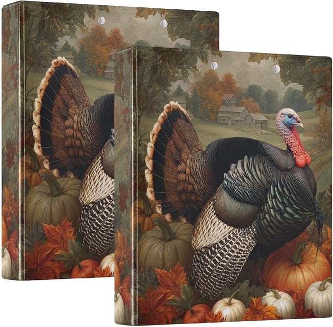 Turkey and Pumpkin Vintage Harvest Binder 3 Ring 1.5 Inch Binder with Clipboard&Pockets, Hardcover Binders Heavy Duty Large File Folder for Office School Supplies - Holds 200 Sheets, 2 PC