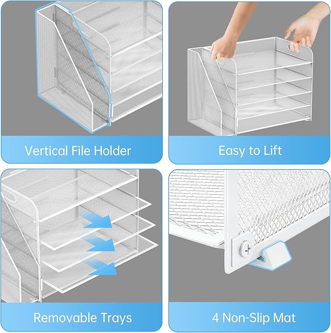 5-Tier Desk Organizer with File Holder, Paper Organizer for Desk, White | 5 Letter Trays and Vertical File Holder with Metal Mesh Frame for Papers Folders Books and Mail in Office Home or School