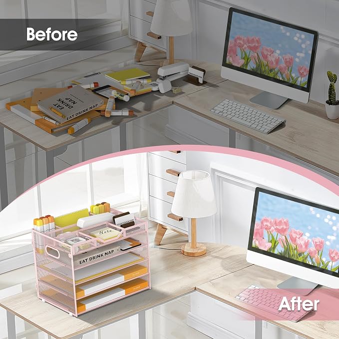 5 Tier Paper Letter Tray Desk Organizer with Pen Holders - Pink | Features 3 pen holders and 4 removable dividers.Versatile mesh desktop storage for mail, document,office supplie