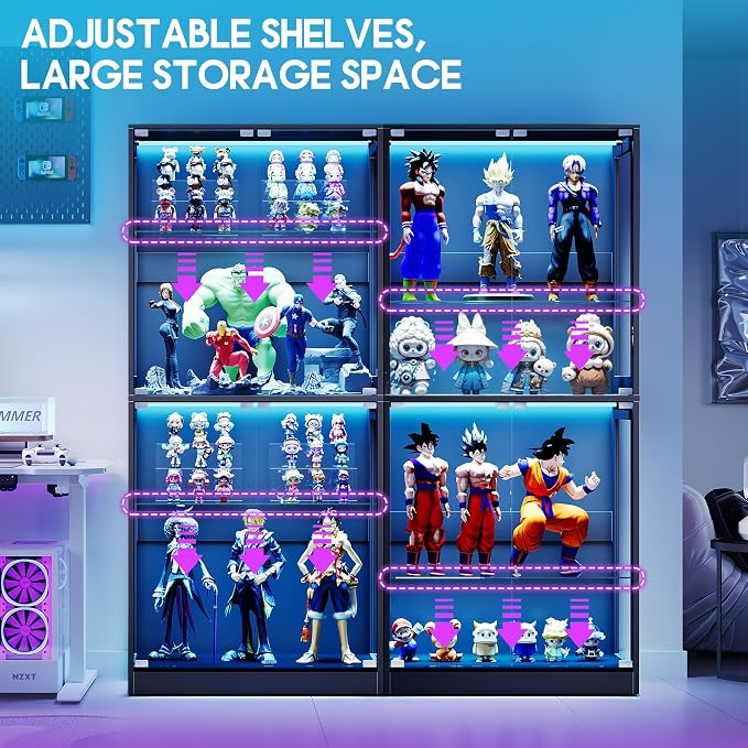 AMERLIFE 32-Inch RGB Display Cabinet with Glass Shelves | 70 H x 32 W x 16 D In, 4-Tier Storage, RGB LED Lights, Press-to-Open Doors, for Collectibles, Black