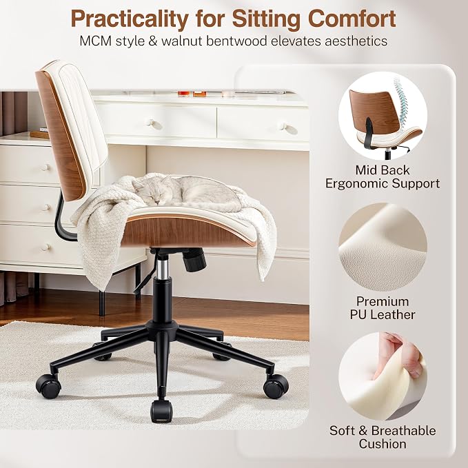 Ergonomic Armless Office Desk Chair - Mid-Century Modern White Faux Leather with Diamond Stitch, Adjustable Height Swivel Rolling Task Computer Chair with Walnut Accent for Home Office, Study & Work