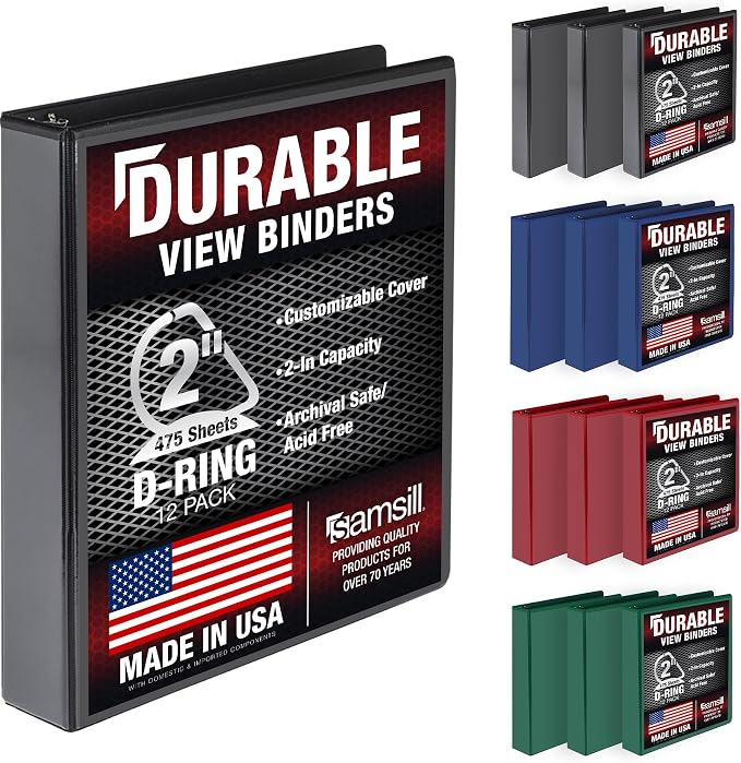 Samsill Durable 2 inch 3 Ring Binder, D Ring Binder, 100% Recycled Chipboard, Basic Assortment,12 Pack