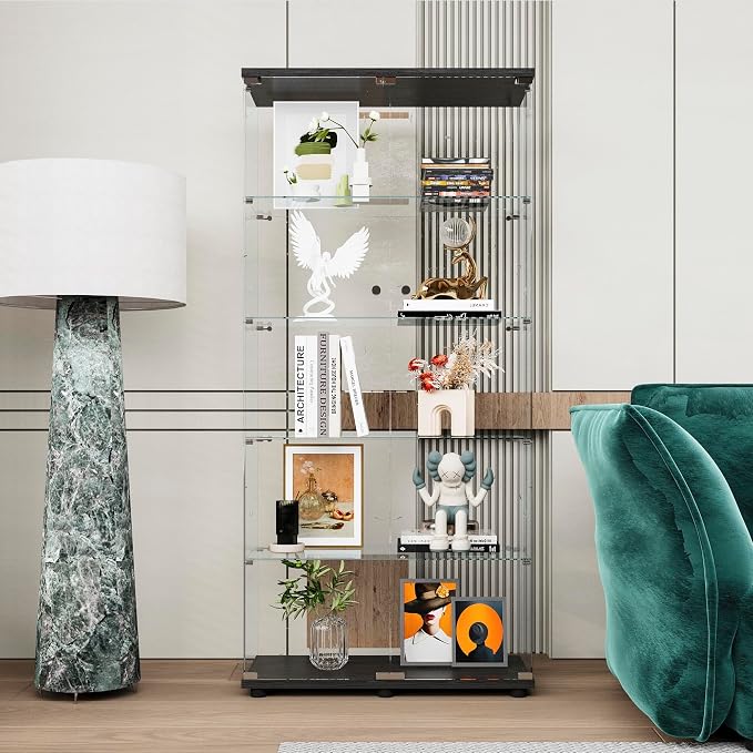 FLYMUHJIA Curio Cabinets with Tempered Glass High Cabinet with Shelves Glass Case for Display Showcase Collectibles for Living Room, Bedroom, (5-Shelf Double Door, Black)