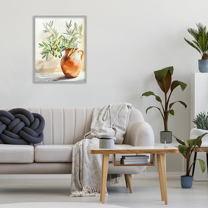 'Olive Branch in Terracotta Vase'| Framed Giclee Art | Stupell Industries | Gray, 16 x 20 Inches, Easy to Hang and Sturdy, Made in USA, by LSR Design Studio