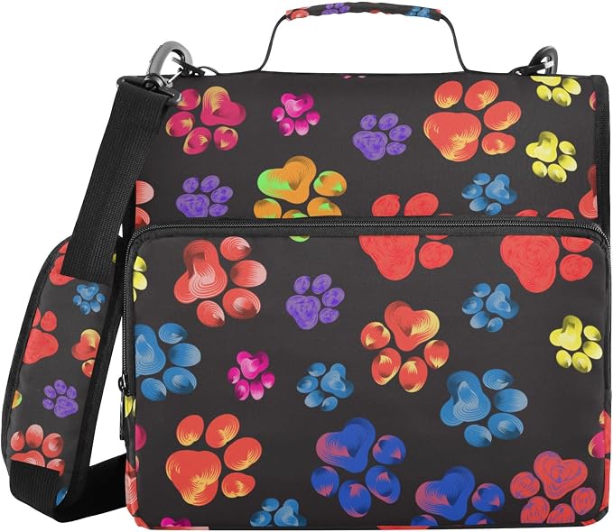 Fisyme Rainbow Dog Paw Print Zipper Binder 3 Ring with Zipper and Shoulder Strap Large Capacity Multi-Pocket Zipper Binder Organizer