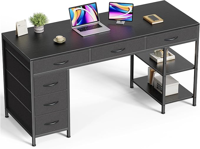 Huuger Computer Desk with 6 Drawers, Office Desk with Shelves, Reversible Gaming Desk, Corner Desk with Storage, Work for Home Office, Study, Living Room, 54inch, Black