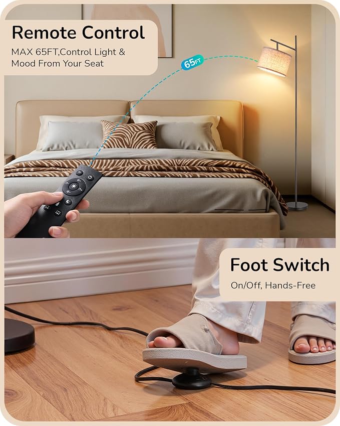 EDISHINE 64.7IN Floor Lamp for Living Room with Remote, Black Standing Lamp | Bulb Included, Dimmable & 5CCT, Foot Switch, Adjustable Lamphead, Minimalist for Bedroom, Living Room