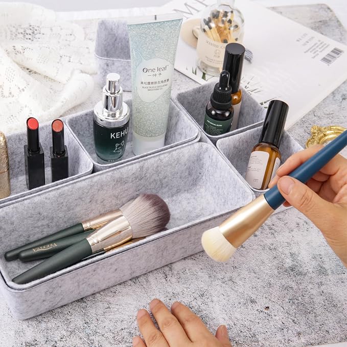 Desk Drawer Organizer Bins, 16pcs Felt Shallow Bathroom Storage Trays, Office Accessories & Workspace Organizers Jewelry & Makeup Boxes Containers(Grey)
