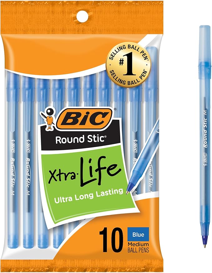 BIC Round Stic Xtra Life Blue Ballpoint Pens, 10-Count Pack, 1.0mm