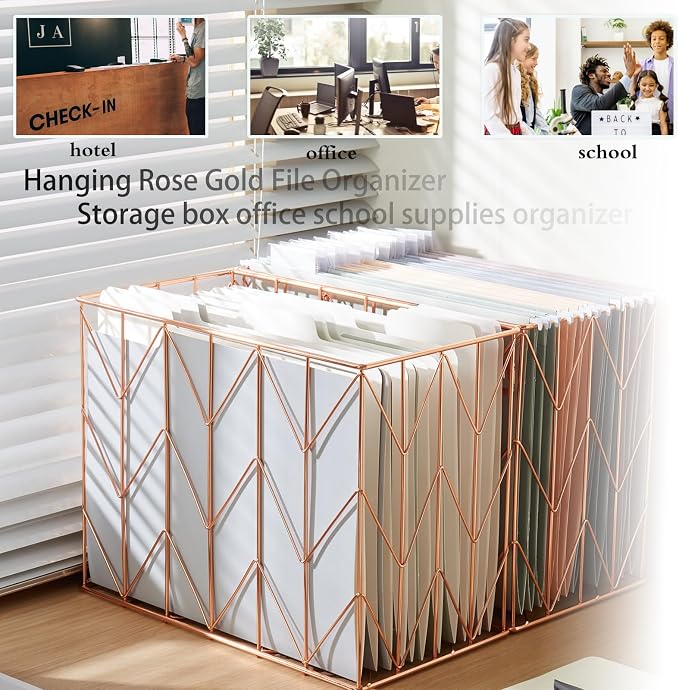 Hanging rose gold file organizer with 12 letter sized hanging folders, file basket, file box, storage box, office and school supplies