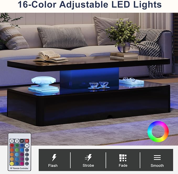 MXV Modern Coffee Table, 40 Inches Coffee Tables with 16 Colors LED Lights, 2 Tier Rectangular Center Table, Large Storage Space, High Glossy Wooden Tea Table for Living Room, Bedroom, Office, Black