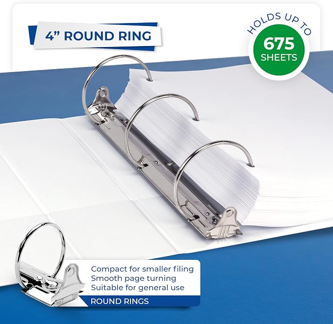 Samsill 4 Inch 3 Ring Binders, Economy Round Ring, Clear View Cover, 675 Sheet Capacity - for School, Home, Office - White, 4 Pack