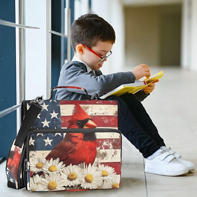 Cardinalbird American Flag Daisy Zipper Binder Bag 3 Ring Binder with Shoulder Strap Zip Up 500 Sheets Capacity Multi Pockets for School Office Supplies
