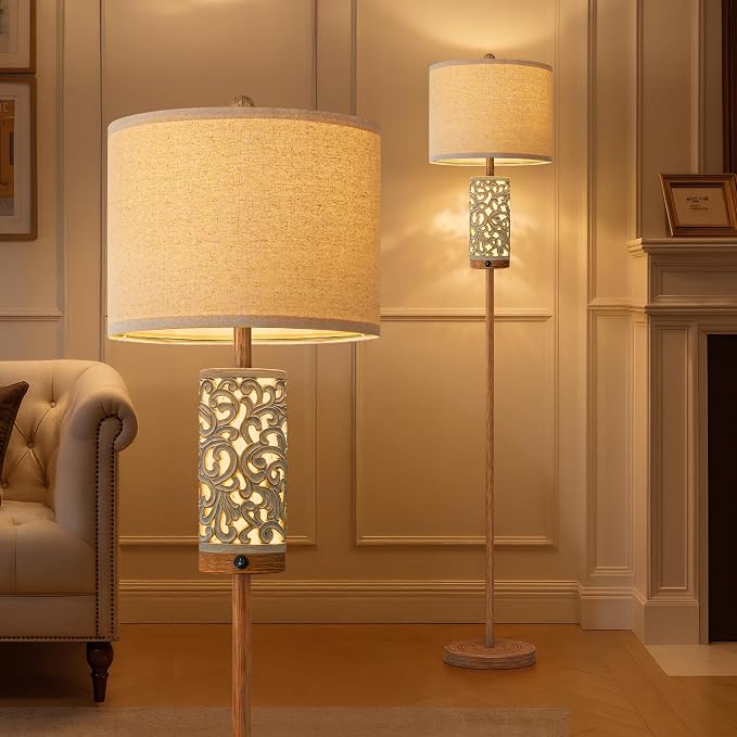 65" Floor Lamp with Night Light,Farmhouse Floor Lampfor Bedroom,Tall Floor Lamp for Living Room,Vintage Standing Lamp with Linen Shade,Boho Reading Lamp for Home Decor (Brown,Bulbs Included)