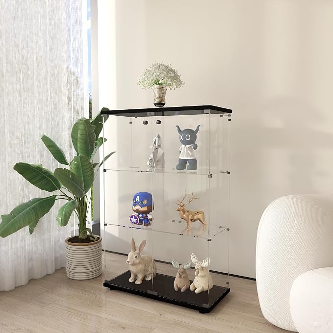 Frameless Glass Display Cabinet, Curio Cabinet with Lock and 2 Doors, Quick-Install Floor Standing Showcase Display Shelf for Collectibles, Legos, Figures, Plants