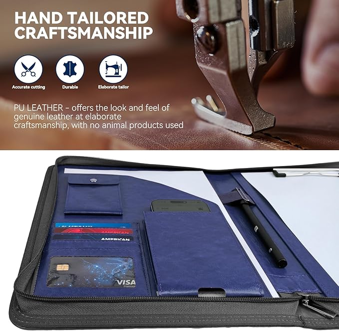WRIYES Zippered Padfolio Organizer, Blue, 10.2 Inch Portfolio Folder | Leather Planner Binder, For Documents, Letter Size, Business Card Hold