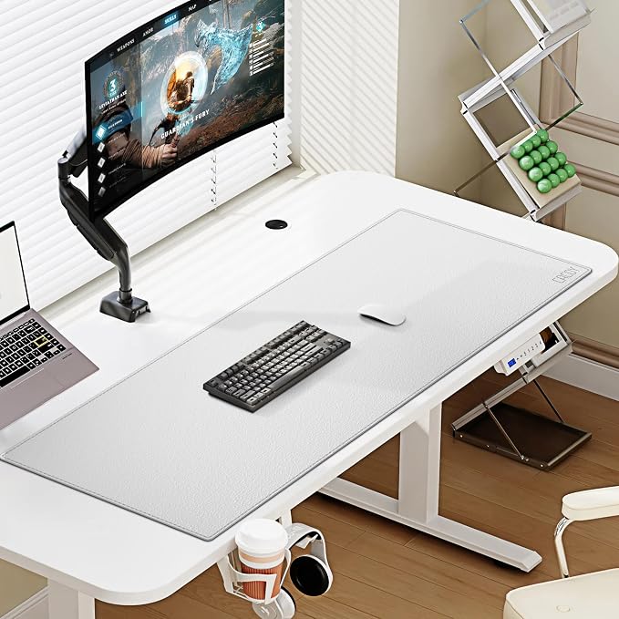 Cacoy 40" x 16" Oversized PU Leather Desk Mat, Extended Gaming Mouse Pad Writing Mat, Leather Desk Pad Blotters Protector for Office, Home, Computer, Laptop - White