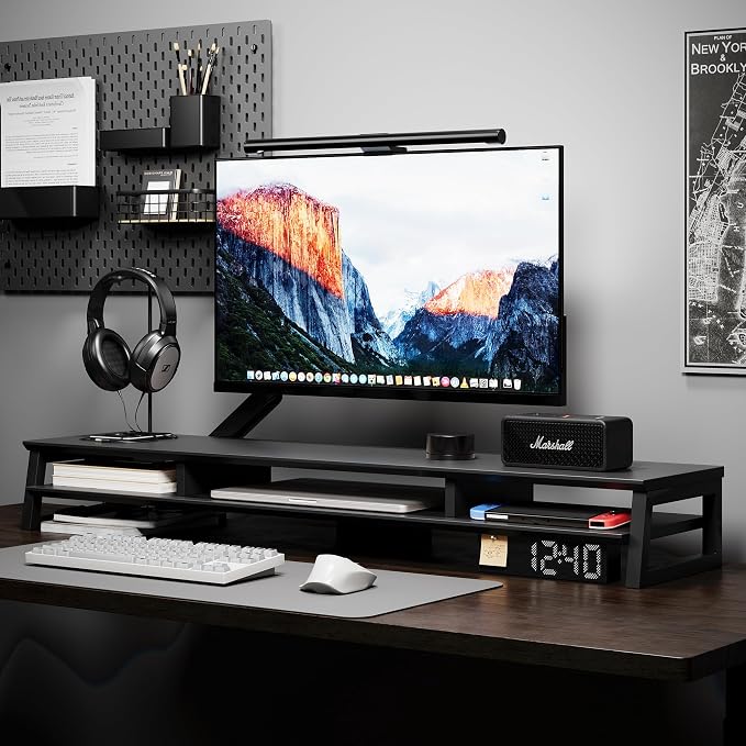 Dual Monitor Stand Riser for Desk, 41.7 Inch Large 2 Tier Computer Monitor Stand for 2 Monitors, Desktop Storage Organizer Shelf with Keyboard Space for Laptop PC Printer, Black
