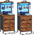 Night Stand Set 2, 38" Tall Bedside Table with Charging Station | RGB LED Lights, Storage Wood Shelves & 4 Fabric Drawers, Metal Frame, Easy Assembly for Bedroom Dorm Hallway