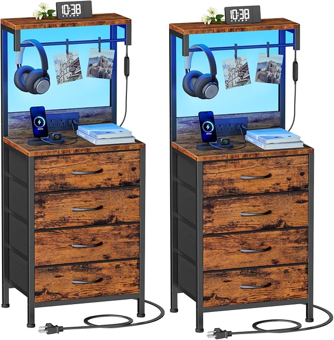 Night Stand Set 2, 38" Tall Bedside Table with Charging Station | RGB LED Lights, Storage Wood Shelves & 4 Fabric Drawers, Metal Frame, Easy Assembly for Bedroom Dorm Hallway
