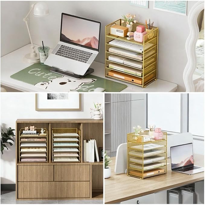 6 Trays Paper Organizer with Handle - Mesh Desk File/Letter Paper Sorter Organizer for Office, Home or School (Gold)