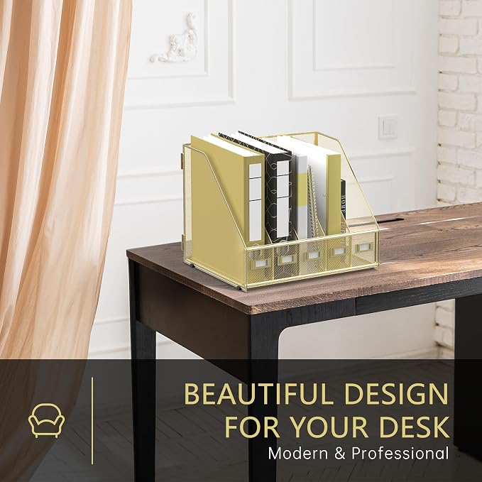 DALTACK 5-Slot Magazine File Holder, Metal Binder Holder, Gold | Iron Mesh Construction, Labeled Sections for Easy Sorting, Anti-Slip Feet, Binder and Folder Storage for Office, Classroom