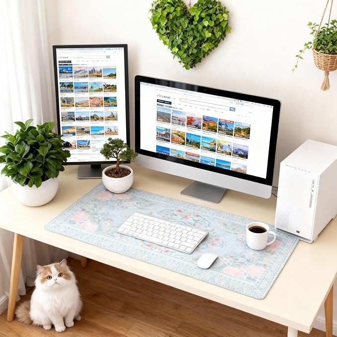 Giant Floral Desk Pad, Blue XXL Long Mouse Mat with Anti-Slip & Stitched Edge, Cute Office Decor for Women, Home Computer Workstation