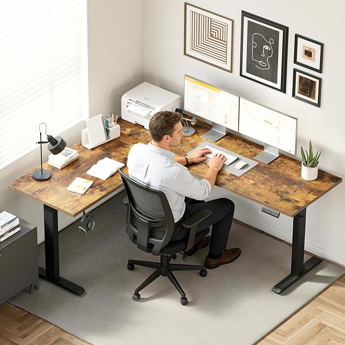 Agilestic 63 x 55 Inch L Shaped Electric Standing Desk, Vintage Brown | Corner Desk, Ample Workspace, Memory Presets, Hooks, Stable Steel Frame,176 lbs Capacity, Easy Assembly, Splice Board