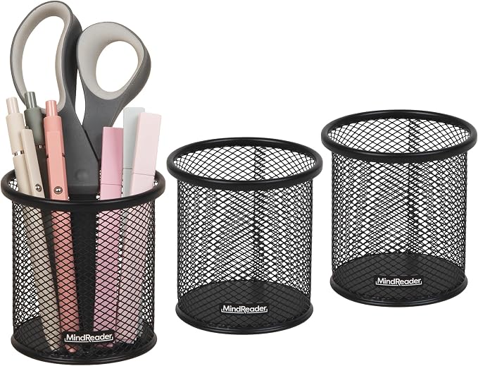 Mind Reader Pen and Accessories Holder, Desktop Organizer, Office, Metal Mesh, 3.5"L x 3.5"W x 3.75"H, Set of 3, Black