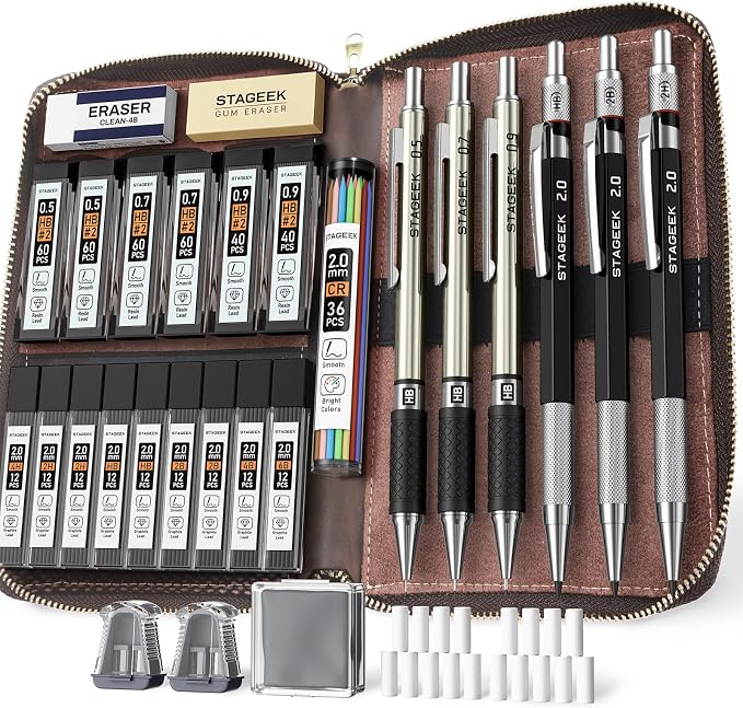 STAGEEK Mechanical Pencil Set with Leather Bag 30 Count, Drawing Pencils 0.5, 0.7, 0.9MM & 3PCS 2MM Sketching Pencils with 464PCS Lead Refills (6B 4B 2B HB 2H 4H Color) for Artist Drafting Drawing