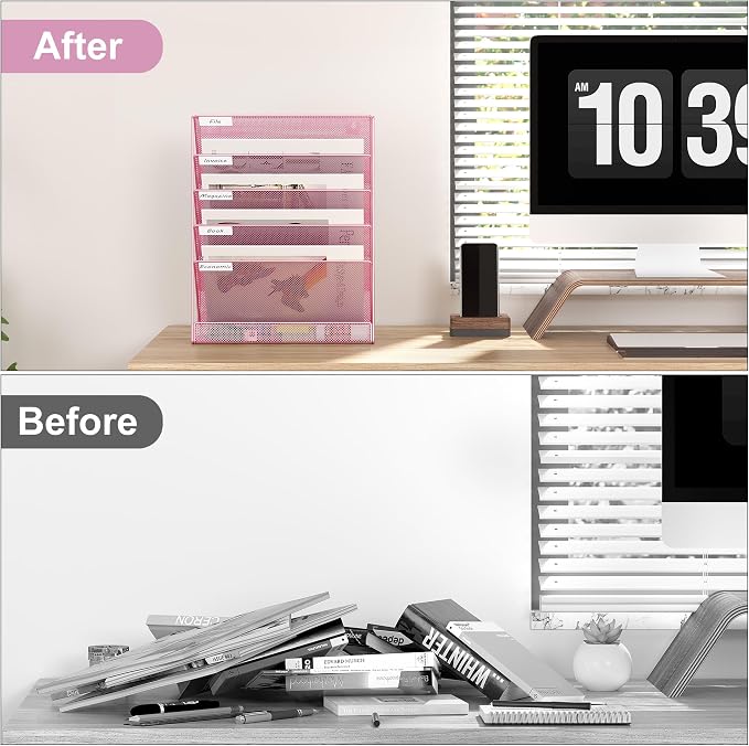 EasyPAG 5 Tier Wall File Holder, Mesh Hanging Folder Organizer with Classify Label, Versatile Desk File Holder, Vertical Wall Mounted Mail Organizer for Office Home Cubicle, Pink
