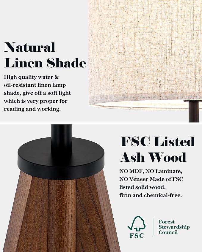 ELYONA Ash Wood Tripod Floor Lamp Stepless Dimmer & Color Temperature, Remote Control Mid Century Modern Coner Standing Lamp Linen Shade for Living Room Bedroom Office, LED Bulb Included, Walnut
